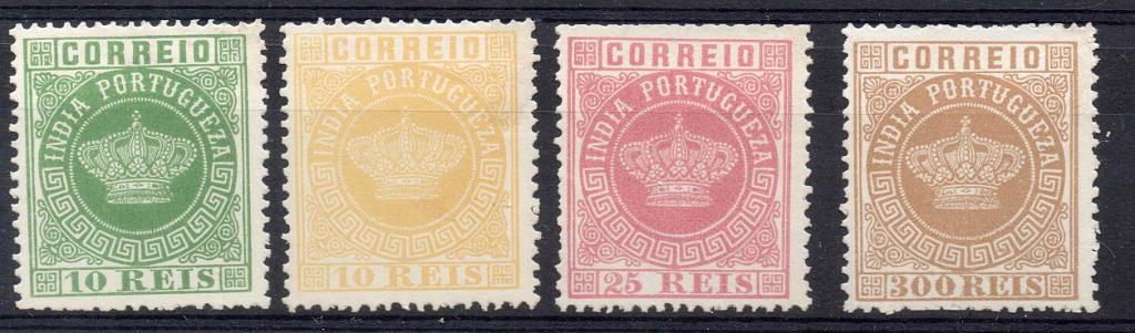 1644.jpg -     Lote:    1644            Índia       Descrição:         Reimpressões de 1885. 1877/85 &mdash; Tipo Coroa. Lote de 4 reimpressões de 25 e 300 reis CE51 e 56 + 10 e 40 reis, CE57 e 60. Valor de catálogo &euro; 80,00.        R*       Valor Base:     &euro; 20,00     Valor Venda:     &euro; 20,00     