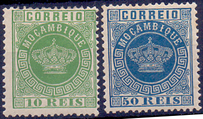 1647.jpg -     Lote:    1647            Moçambique       Descrição:         Reimpressões de 1905. 1881/85 &mdash; Tipo Coroa. Novas cores. CE10 e 14, 10 e 50 reis. Lote de duas reimpressões. Valor de catálogo &euro; 60,00.        R**       Valor Base:     &euro; 15,00     Valor Venda:     Retirado     