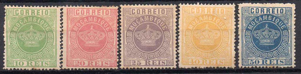 1649.jpg -     Lote:    1649            Moçambique       Descrição:         Reimpressões de 1905. 1881/85 &mdash; Tipo Coroa. CE 10/14. Série completa. Ligeiros pontos de óxido no verso. Valor de catálogo &euro; 150,00.        R**       Valor Base:     &euro; 30,00     Valor Venda:     &euro; 30,00     