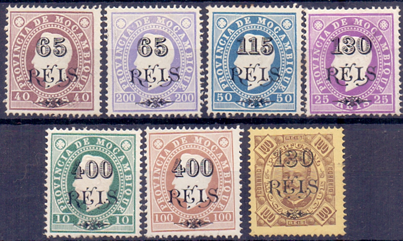 1651.jpg -     Lote:    1651            Moçambique       Descrição:         Reimpressões de 1905. 1902 &mdash; D. Luís I. Fita direita e D. Carlos I, com sobretaxa. Série completa com 7 valores. Dois valores com ligeiro óxido. Valor de catálogo &euro; 210,00. R.        R**       Valor Base:     &euro; 60,00     Valor Venda:     &euro; 130,00     