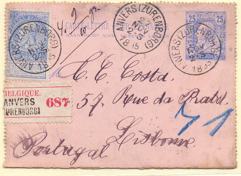 1655.jpg -     Lote:    1655                   Descrição:         Bélgica &mdash; Bilhete-carta de 25c, registado, com selo adicional de 25c circulado de Anvers (27.11.95) para Lisboa.        IC       Valor Base:     &euro; 20,00     Valor Venda:     Retirado     