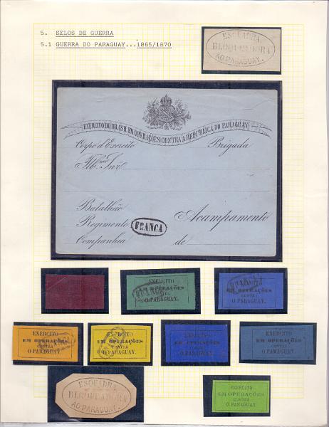 1657.jpg -     Lote:    1657                   Descrição:         Brasil &mdash; 1865/1870 &mdash; Guerra Brasil-Paraguai. Lote composto por sobrescrito novo com carimbo "FRANCA" mais 8 franquias em fragmento + dois carimbos em fragmento da Esquadra Bloqueadora ao Paraguai.        Lote       Valor Base:     &euro; 60,00     Valor Venda:     Retirado     