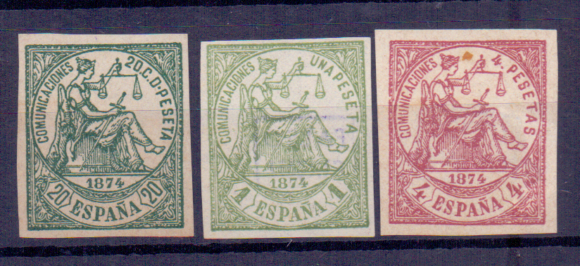 1661.jpg -     Lote:    1661                   Descrição:         Espanha. 1874 &mdash; Alegoria. Yv144, 148 e 149, 20c, 1p e 2p. FALSOS SEGUI.        *       Valor Base:     &euro; 20,00     Valor Venda:     Retirado     