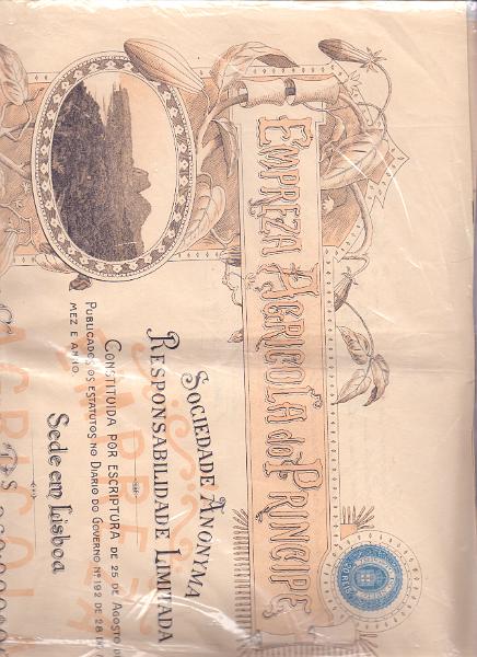 1745.jpg -     Lote:    1745                   Descrição:         1900 - Empresa Agrícola do Príncipe. Título de uma acção de 5$000.        DOC       Valor Base:     &euro; 15,00     Valor Venda:     Retirado     