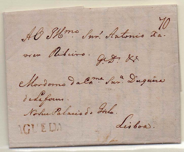 1748.jpg -     Lote:    1748      Lotes pelo Correio      Portugal       Descrição:         Águeda &mdash; A sépia, GM AGD1 em carta datada de Águeda (30.05.1818) para Lisboa, com o porte de 70 reis manuscrito a sépia.        Carta       Valor Base:     &euro; 45,00     Valor Venda:     Retirado     