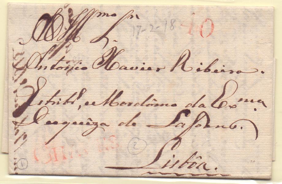 1753.jpg -     Lote:    1753      Lotes pelo Correio      Portugal       Descrição:         Chaves &mdash; A vermelho, GM CHV2 em carta datada de Chaves (17.02.18) para Lisboa, com o porte de 40 reis batido a vermelho.        Carta       Valor Base:     &euro; 10,00     Valor Venda:     Retirado     