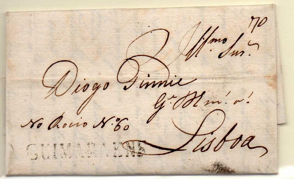1757.jpg -     Lote:    1757      Lotes pelo Correio      Portugal       Descrição:         Guimarães &mdash; A verde, GM GMR1 em carta datada de Guardizela (11.08.26) para Lisboa, com o porte de 70 reis manuscrito a sépia.        Carta       Valor Base:     &euro; 15,00     Valor Venda:     &euro; 15,00     