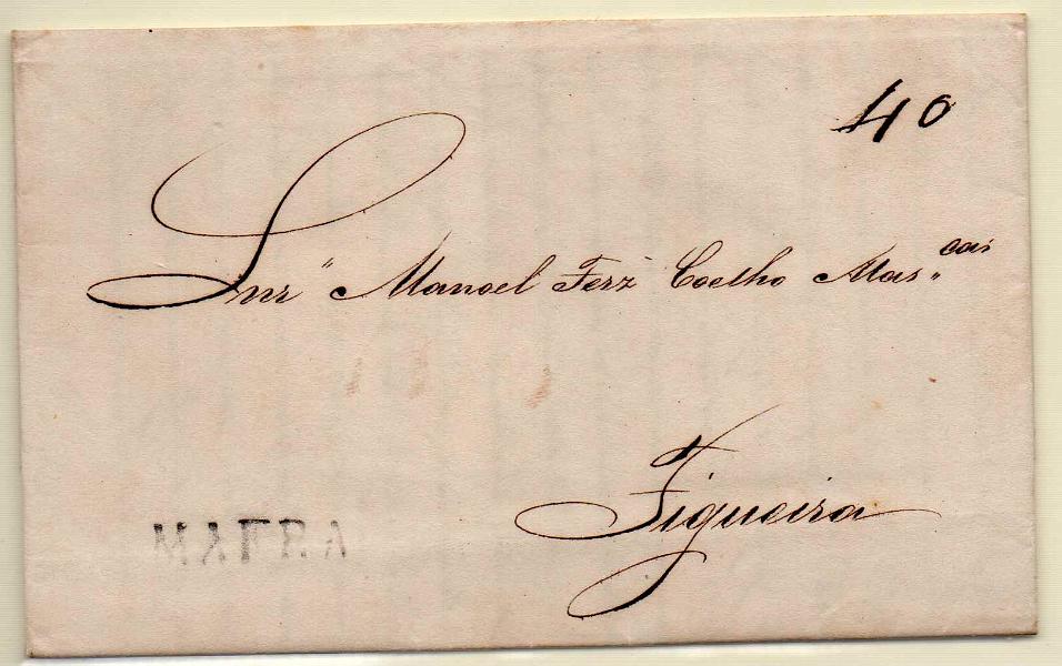1766.jpg -     Lote:    1766      Lotes pelo Correio      Portugal       Descrição:         Mafra &mdash; A preto, GM MFR1 em carta datada de Mafra (20.05.34) para a Figueira, com o porte de 40 reis manuscrito a sépia.        Carta       Valor Base:     &euro; 39,00     Valor Venda:     Retirado     