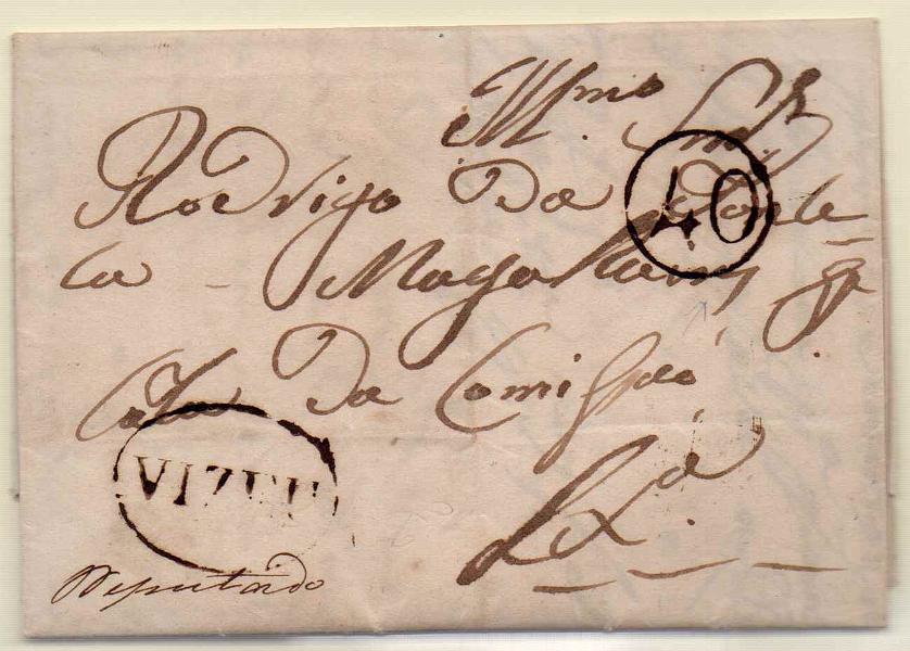 1778.jpg -     Lote:    1778      Lotes pelo Correio      Portugal       Descrição:         Viseu &mdash; A sépia, GM VIS7 em carta não datada para Lisboa, com o porte de 40 reis batido a sépia.        Carta       Valor Base:     &euro; 17,00     Valor Venda:     Retirado     