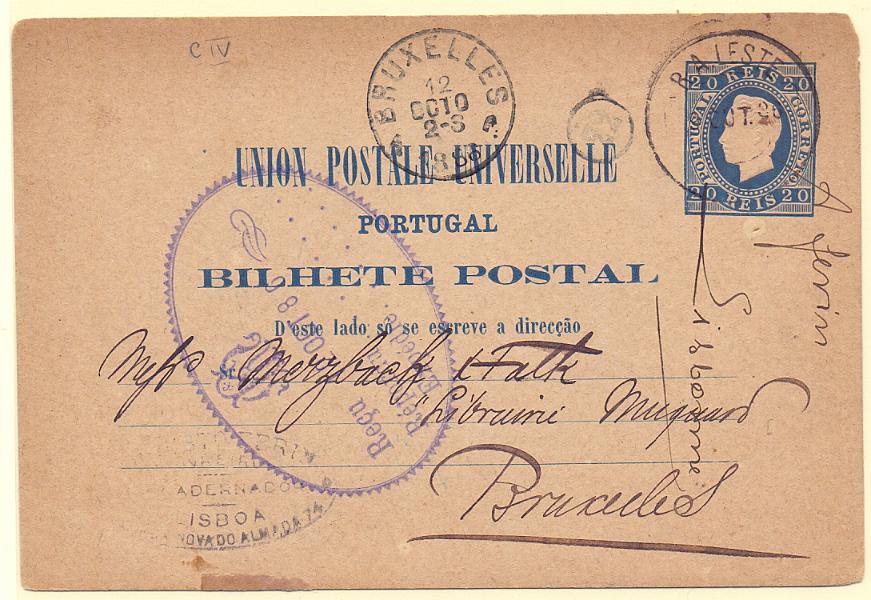 1781.jpg -     Lote:    1781      Lotes pelo Correio      Portugal       Descrição:         1879 &mdash; D. Luís I. Impressão em relevo. OM4, 20 reis azul. Inteiro circulado de Lisboa (09.10.86) para Bruxelas (12.10.86). Um canto curto.        IC       Valor Base:     &euro; 5,00     Valor Venda:     Retirado     