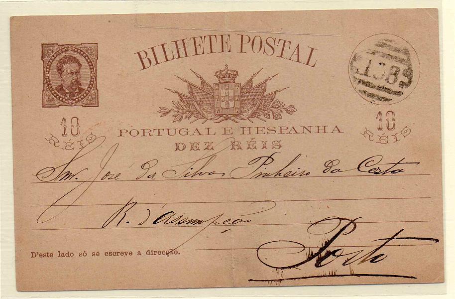 1784.jpg -     Lote:    1784      Lotes pelo Correio      Portugal       Descrição:         1884/87 &mdash; D. Luís I, de frente. OM9, 10 reis. Circulado de Lamego para o Porto (29.05.86) * carimbo a vermelho. Obliteração de Lamego por carimbos da 2.º reforma "133". Inteiro com dobre ao centro.        IC       Valor Base:     &euro; 5,00     Valor Venda:     Retirado     