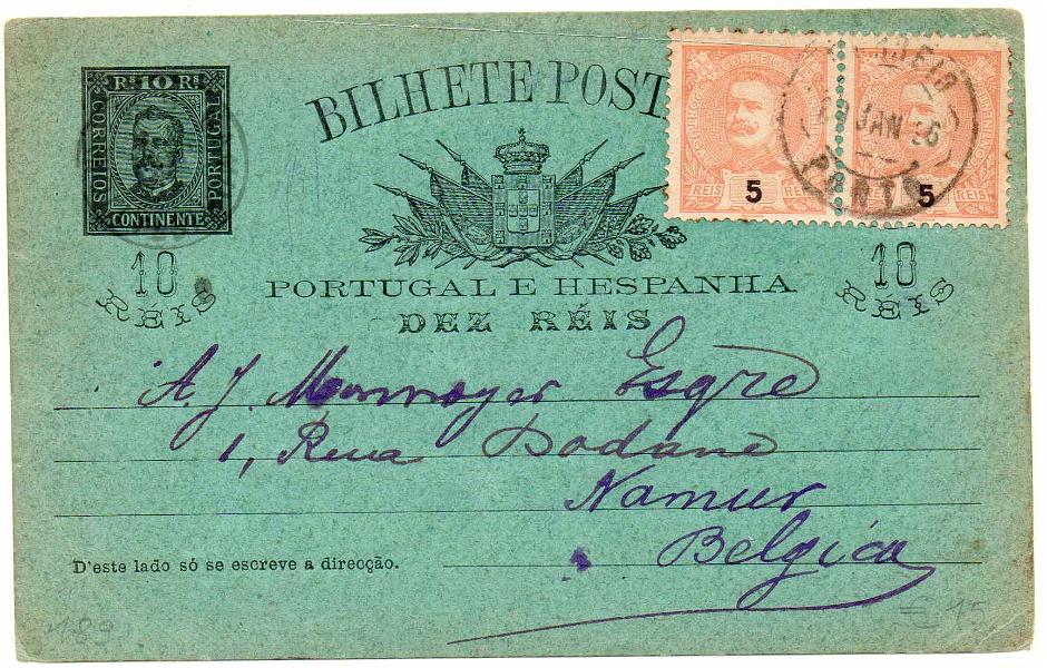 1786.jpg -     Lote:    1786      Lotes pelo Correio      Portugal       Descrição:         1895 &mdash; D. Carlos I tipo Diogo Neto. OM22, 10 reis preto sobre cartolina verde. Circulado do Porto (20.01.96) para a Bélgica, com par de selos adicional de 5 reis CE127.        IC       Valor Base:     &euro; 8,00     Valor Venda:     Retirado     