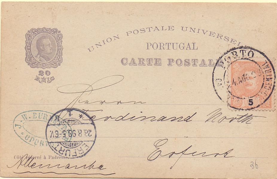 1788.jpg -     Lote:    1788      Lotes pelo Correio      Portugal       Descrição:         1898 &mdash; 4.º Centenário do Descobrimento do Caminho Marítimo para a Índia. OM30, 20 reis, Torre de Belém. Circulado do Porto (24.08.98) para a Alemanha com selo adicional de 5 reis CE127. Circulado fora do período normal.        IC       Valor Base:     &euro; 15,00     Valor Venda:     Retirado     