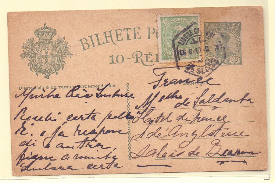 1790.jpg -     Lote:    1790      Lotes pelo Correio      Portugal       Descrição:         1910 &mdash; D. Manuel II. OM48, 10 reis. Circulado de Lisboa (06.06.10) para França, com selo adicional de 10 reis CE128.        IC       Valor Base:     &euro; 8,00     Valor Venda:     Retirado     
