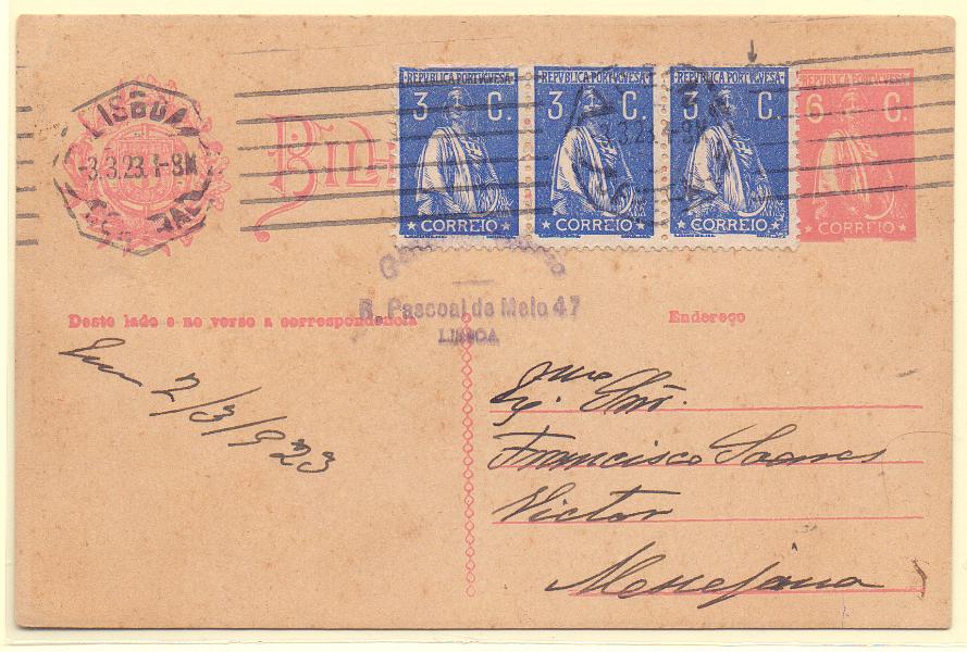 1792.jpg -     Lote:    1792      Lotes pelo Correio      Portugal       Descrição:         192&frac12;2 &mdash; Ceres. OM68, 6c rosa. Circulado de Lisboa (03.03.23) para Messejana, com tira de 3 selos adicionais tipo Ceres de 3c azul. CE235.        IC       Valor Base:     &euro; 8,00     Valor Venda:     Retirado     