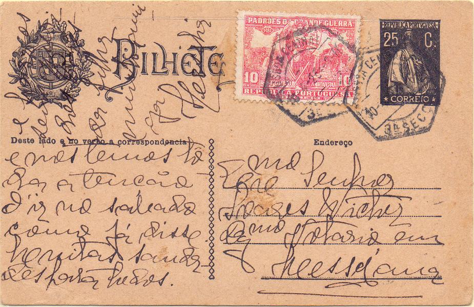 1794.jpg -     Lote:    1794      Lotes pelo Correio      Portugal       Descrição:         1914/16 &mdash; Ceres + Taxa de Guerra. Sobrescrito circulado de L. Marques (25.10.17) para Coimbra (23.11.17) com selo de 2 &frac12; c CE158 + selo do imposto postal de 1c CE IP1. Sobrescrito com as armas do reino impressa no verso e sobrecarregado com REPUBLICA PORTUGUESA.        Carta       Valor Base:     &euro; 20,00     Valor Venda:     Retirado     