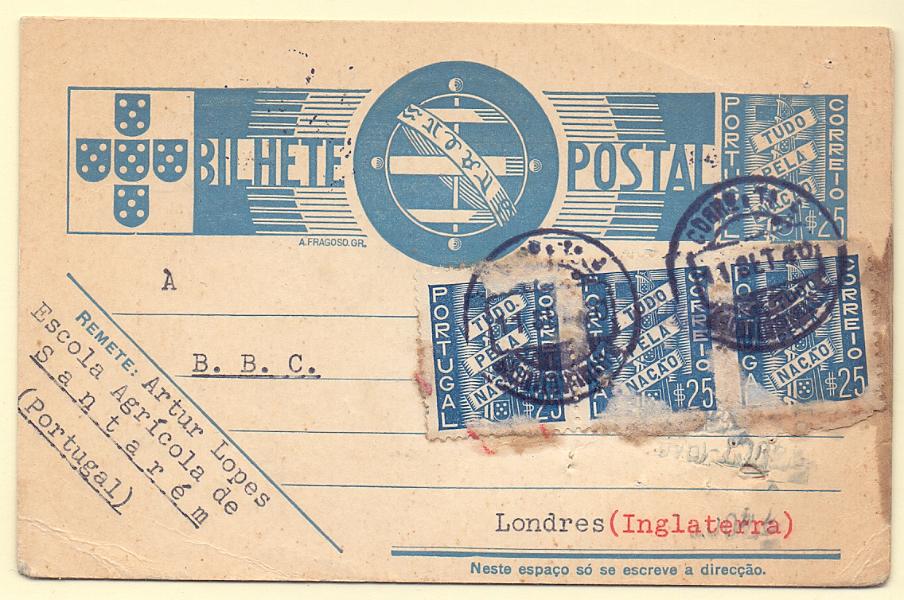 1796.jpg -     Lote:    1796      Lotes pelo Correio      Portugal       Descrição:         1936/39 &mdash; Tudo pela Nação. OM83, $25, Circulado com 3 selos adicionais de $25 Tudo pela nação CE570, para Londres e outro simples para o Porto.        IC       Valor Base:     &euro; 5,00     Valor Venda:     &euro; 5,00     