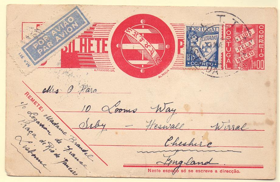 1797.jpg -     Lote:    1797      Lotes pelo Correio      Portugal       Descrição:         1936/39 &mdash; Tudo pela Nação. OM84, 1$00 vermelho. Circulado por via aérea de Lisboa (09.05.42) para a Inglaterra, com selo adicional de 1$75 tipo Lusíadas.        IC       Valor Base:     &euro; 5,00     Valor Venda:     &euro; 5,00     