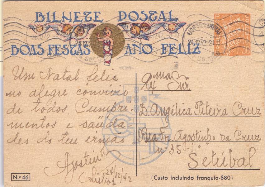 1800.jpg -     Lote:    1800      Lotes pelo Correio      Portugal       Descrição:         1942 &mdash; Boas Festas. Selo tipo Tudo pela Nação. OM96, $30 n.º 46 (O presépio). Circulado de Lisboa (24.12.42) para Setúbal.        IC       Valor Base:     &euro; 5,00     Valor Venda:     Retirado     