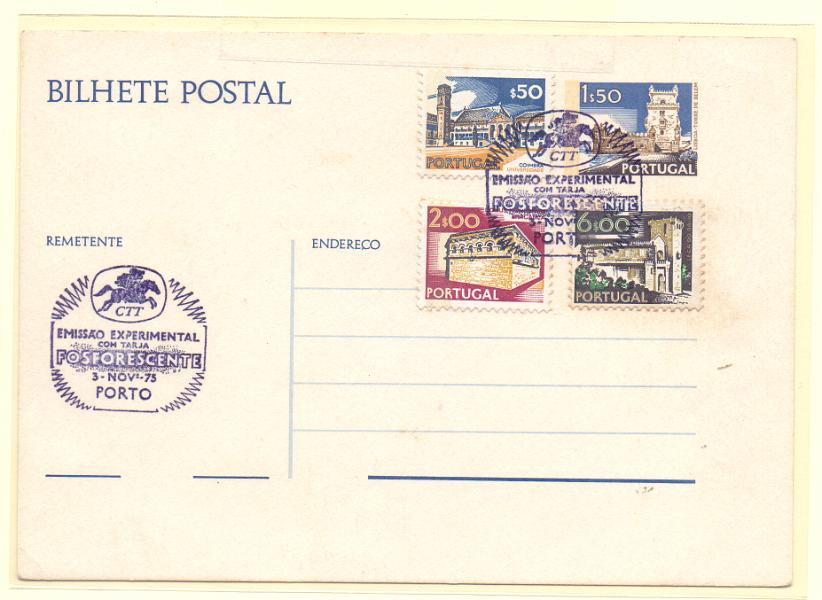 1812.jpg -     Lote:    1812      Lotes pelo Correio      Portugal       Descrição:         1975 &mdash; Paisagens e Monumentos. OM163a, 1$50. Inteiro com tarja fosforescente sobre o lado esquerdo do selo, com selos adicionais da mesma emissão de $50, 2$00 e 6$00, obliterados com carimbo comemorativo da emissão com tarja fosforescente.        IN       Valor Base:     &euro; 5,00     Valor Venda:     Retirado     