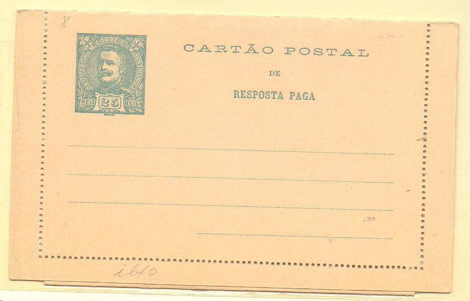 1820.jpg -     Lote:    1820      Lotes pelo Correio      Portugal       Descrição:         1902 &mdash; D. Carlos I Mouchon. Bilhete-carta. OM8, 25+25 reis. Novo.        IN       Valor Base:     &euro; 5,00     Valor Venda:     Retirado     