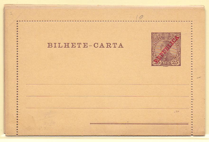 1822.jpg -     Lote:    1822      Lotes pelo Correio      Portugal       Descrição:         1910 &mdash; D. Manuel II, com sobrecarga REPUBLICA. Bilhete-carta. Lote composto 2, sendo um OM14, 25reis + OM15 50 reis + Ceres 5C OM18. Novos.        IN       Valor Base:     &euro; 5,00     Valor Venda:     Retirado     