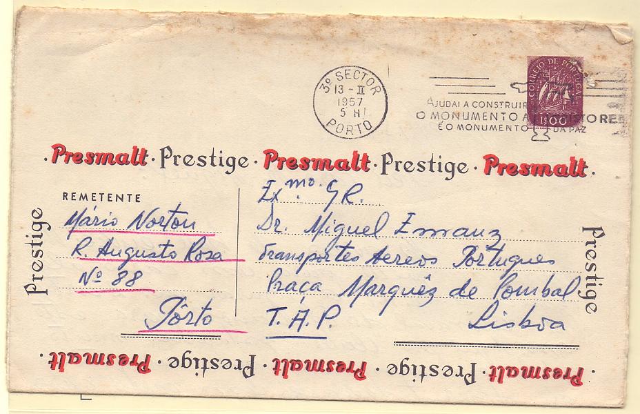 1826.jpg -     Lote:    1826      Lotes pelo Correio      Portugal       Descrição:         1955/57 &mdash; Carta Universal com selo tipo Caravela. OM4, 1$00, Série D1, circulada do Porto (13.02.57) para Lisboa. Sem as abas laterais.        IC       Valor Base:     &euro; 6,00     Valor Venda:     Retirado     