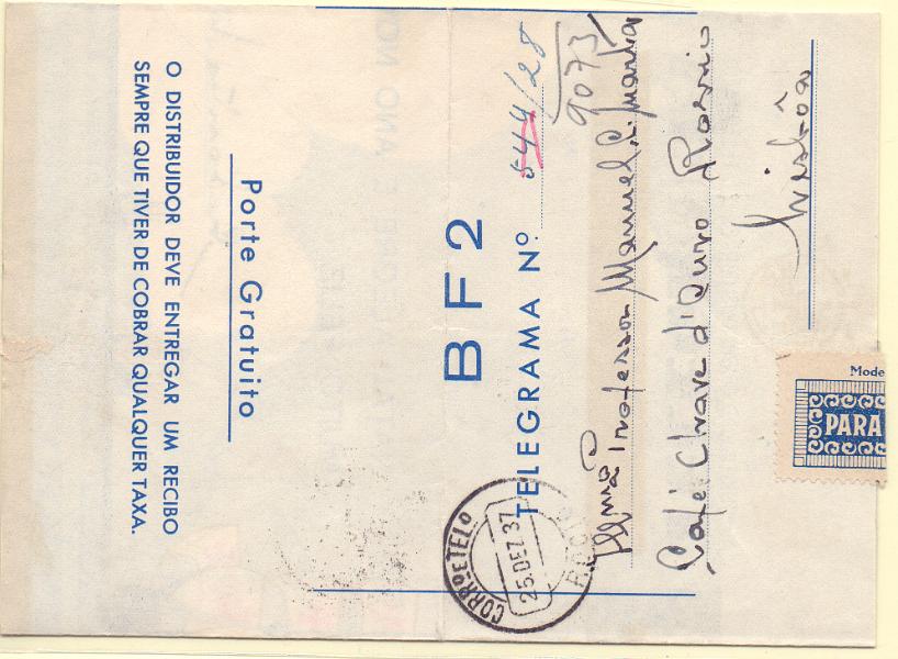 1828.jpg -     Lote:    1828      Lotes pelo Correio      Portugal       Descrição:         1936 &mdash; Telegramas de Boas Festas. OM2, BF2 &mdash; "Natal Alegre e Ano Novo / Muito feliz. Circulado em Lisboa (25.12.37).        IC       Valor Base:     &euro; 8,00     Valor Venda:     Retirado     