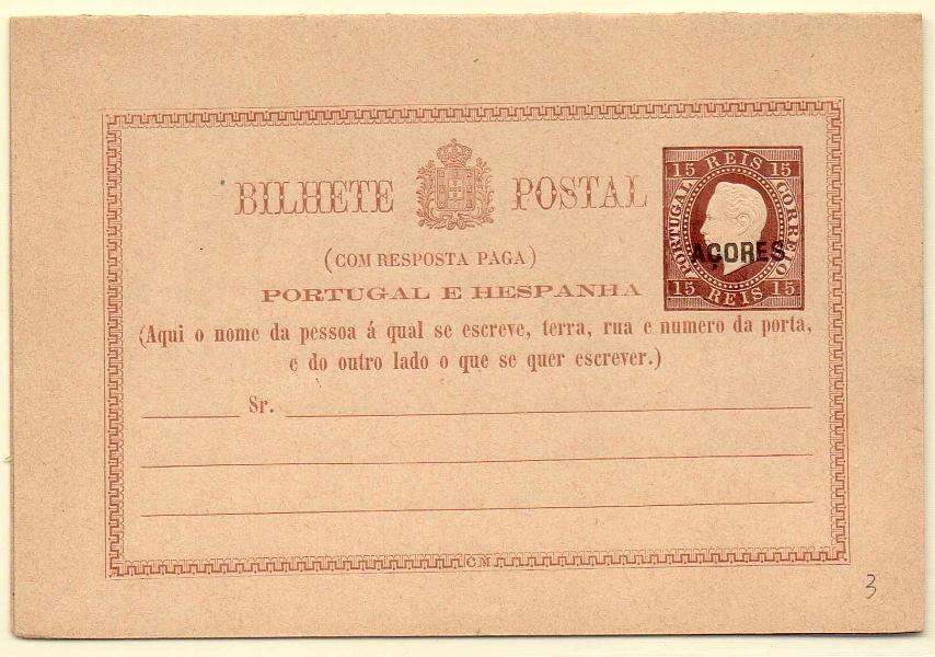 1829.jpg -     Lote:    1829      Lotes pelo Correio      Açores       Descrição:         1878/79 &mdash; D. Luís I. Impressão em relevo. Inteiros do Continente com sobrecarga AÇORES. OM3, 15+15c. Novo e bem conservado.        IN       Valor Base:     &euro; 8,00     Valor Venda:     Retirado     