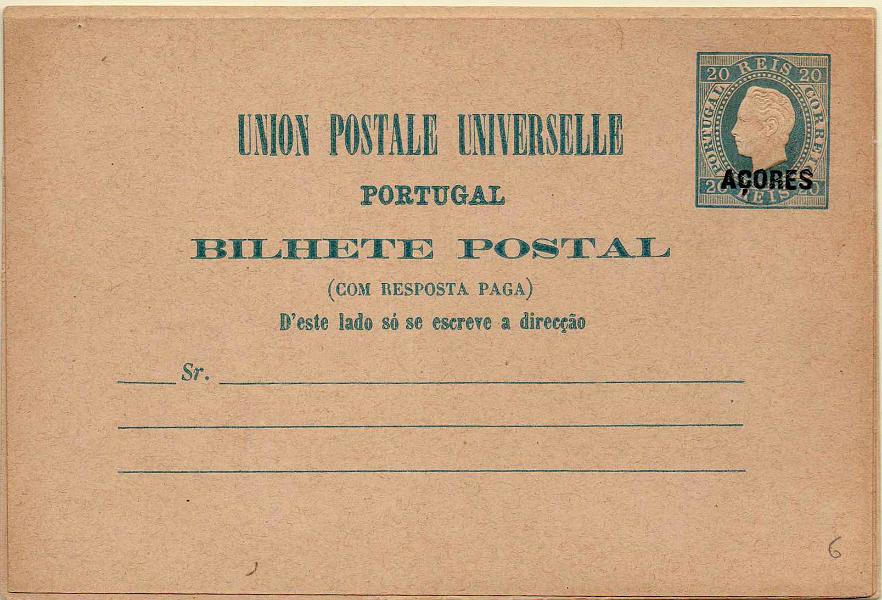 1831.jpg -     Lote:    1831      Lotes pelo Correio      Açores       Descrição:         1878/79 &mdash; D. Luís I. Impressão em relevo. Inteiros do Continente com sobrecarga AÇORES. Lote com dois inteiros: um de 30 reis OM5 e outro de 20+20 reis OM6. Novos e bem conservados.        IN       Valor Base:     &euro; 12,00     Valor Venda:     Retirado     