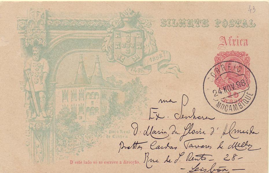 1841.jpg -     Lote:    1841      Lotes pelo Correio      África       Descrição:         1898 &mdash; 4.º Centenário do Descobrimento do Caminho Marítimo para a Índia. Emissão para África. OM1D, 10 reis. Circulado de L. Moçambique (24.11.98).para Lisboa         IC       Valor Base:     &euro; 12,00     Valor Venda:     Retirado     