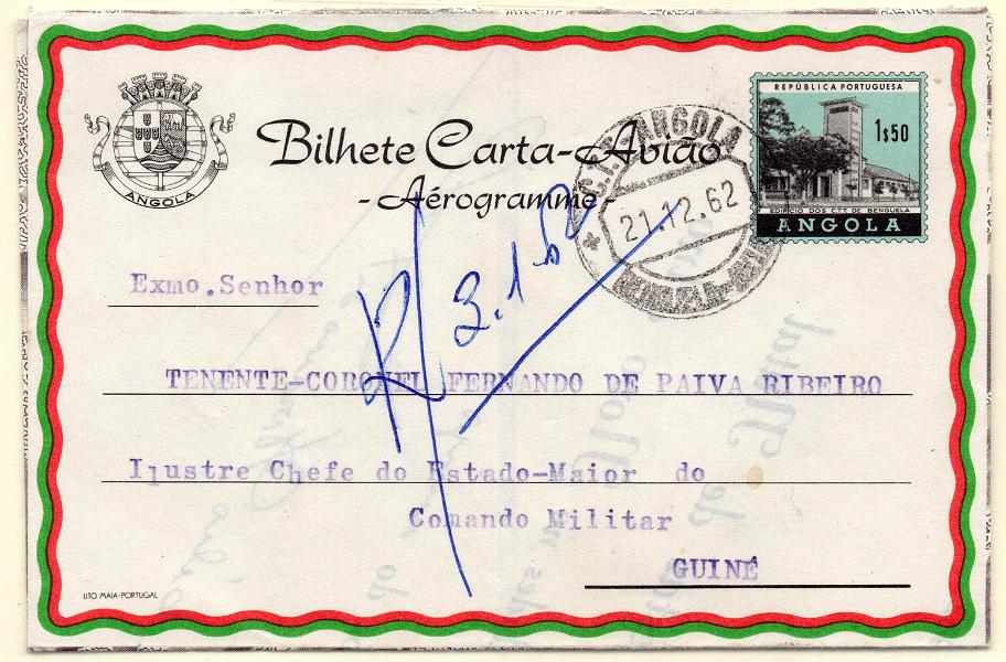 1843.jpg -     Lote:    1843      Lotes pelo Correio      Angola       Descrição:         1961 &mdash; Bilhetes-cartas do correio aéreo. Edifícios Públicos (5ª série). Estação dos CTT de Benguela. OM25, 1$50. Circulado de Benguela (21.12.62) para a Guiné.        IC       Valor Base:     &euro; 5,00     Valor Venda:     &euro; 5,00     