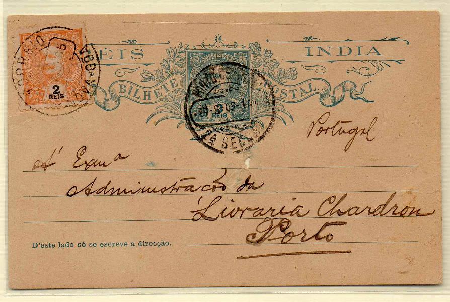 1849.jpg -     Lote:    1849      Lotes pelo Correio      Índia       Descrição:         1903 &mdash; D. Carlos I Mouchon. OM11, 3 reis. Circulado com selo adicional de 2 reis CE187 de Nova Goa para o Porto (29.08.09). Inteiro com defeito (buraco ao centro).        IC       Valor Base:     &euro; 4,00     Valor Venda:     Retirado     