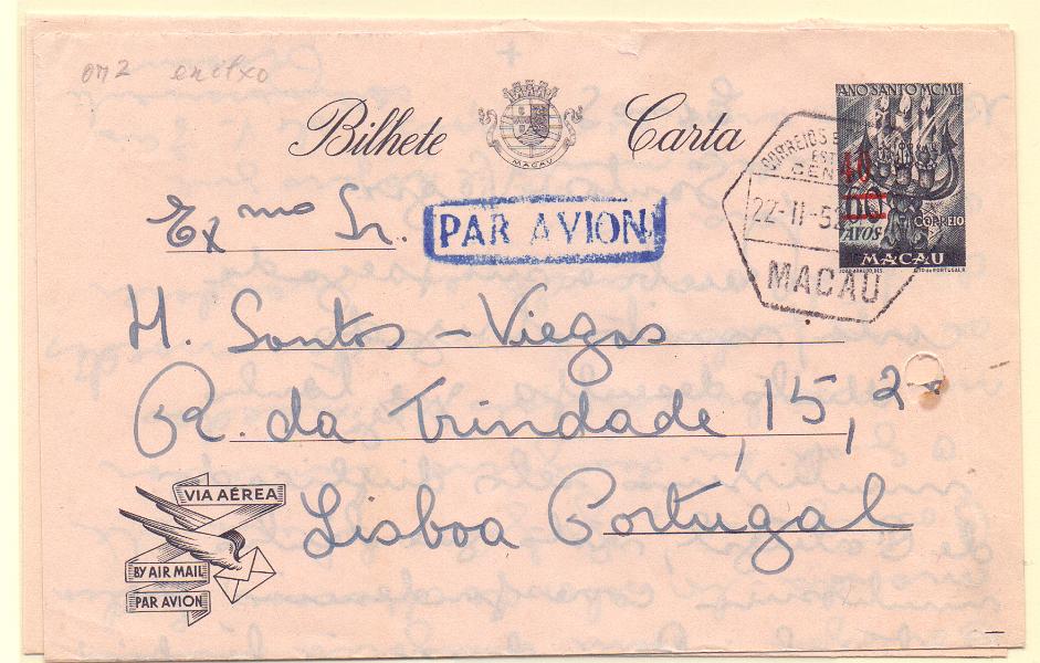 1852.jpg -     Lote:    1852      Lotes pelo Correio      Macau       Descrição:         1951 &mdash; Ano Santo, com sobretaxa. Bilhete-carta por avião. OM2, 40 s/ 60 avos, circulado de Macau (22.02.52) para Lisboa. Furos de arquivo.        IC       Valor Base:     &euro; 5,00     Valor Venda:     Retirado     