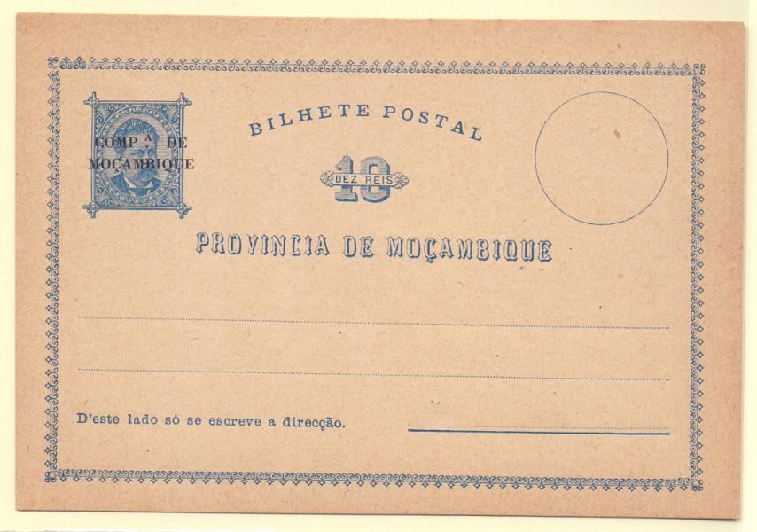 1855.jpg -     Lote:    1855      Lotes pelo Correio      Moçambique       Descrição:         1892 &mdash; D. Luís I. Inteiros de Moçambique com sobrecarga "COMP.ª DE / MOÇAMBIQUE". OM1, 10 reis azul. Novo. Bem conservado.        IN       Valor Base:     &euro; 8,00     Valor Venda:     Retirado     