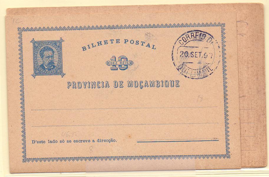 1856.jpg -     Lote:    1856      Lotes pelo Correio      Moçambique       Descrição:         1885/1903 &mdash; D. Luís I + D. Carlos I. Lote com dois inteiros: um OM1b, 10 reis + OM8, 20+20 reis. Novos, o primeiro com carimbo de favor.        IN       Valor Base:     &euro; 5,00     Valor Venda:     Retirado     