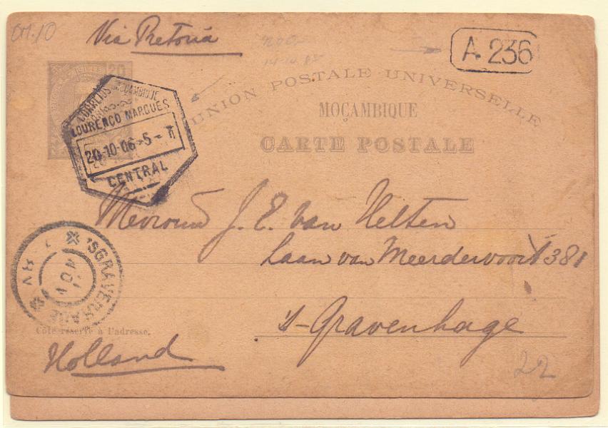 1857.jpg -     Lote:    1857      Lotes pelo Correio      Moçambique       Descrição:         1907 &mdash; D. Carlos I Mouchon. OM10, 20 reis circulado para a Holanda + 20 reis OM16 novo.        IC/IN       Valor Base:     &euro; 5,00     Valor Venda:     Retirado     