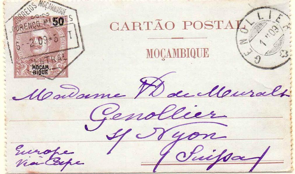 1860.jpg -     Lote:    1860      Lotes pelo Correio      Moçambique       Descrição:         1903/04 &mdash; D. Carlos I Mouchon. Bilhetes-cartas. OM2, 50 reis castanho. Circulado de Lourenço Marques (06.02.09) para a Suíça.        IC       Valor Base:     &euro; 6,00     Valor Venda:     Retirado     