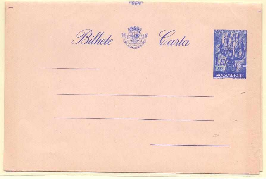1863.jpg -     Lote:    1863      Lotes pelo Correio      Moçambique       Descrição:         1950 &mdash; Ano Santo. Bilhete-carta. OM9/10, 1$20 + 2$50. Novos.        IN       Valor Base:     &euro; 4,00     Valor Venda:     &euro; 4,00     