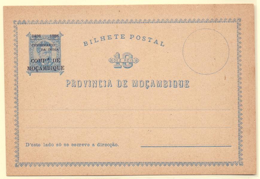 1867.jpg -     Lote:    1867      Lotes pelo Correio      Companhia de Moçambique       Descrição:         1892 &mdash; D. Luís I. Inteiros de Moçambique com sobrecarga "COMP.ª DE / MOÇAMBIQUE" + 1498 &mdash; 1898 / CENTENÁRIO / DA INDIA". OM5, 10 reis azul. Novo. Bem conservado.        IN       Valor Base:     &euro; 10,00     Valor Venda:     Retirado     