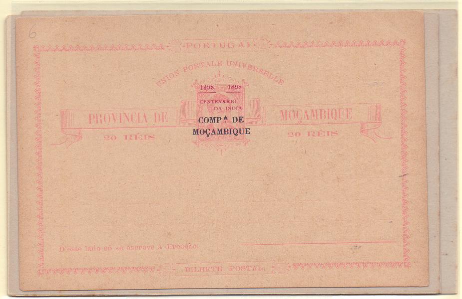 1868.jpg -     Lote:    1868      Lotes pelo Correio      Companhia de Moçambique       Descrição:         1898 &mdash; 4.º Centenário do descobrimento da Índia. Lote com 5 inteiros, OM6, OM7C, OM7D, OM8A e OM8B. Novos        Lote       Valor Base:     &euro; 10,00     Valor Venda:     Retirado     