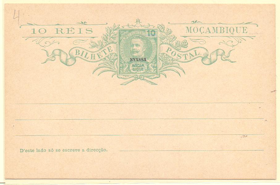 1873.jpg -     Lote:    1873      Lotes pelo Correio      Companhia do Niassa       Descrição:         1904 &mdash; D. Carlos I Mouchon. Inteiros de Moçambique com sobrecarga NYASSA. OM4, 10 reis. Novo.        IN       Valor Base:     &euro; 6,00     Valor Venda:     Retirado     