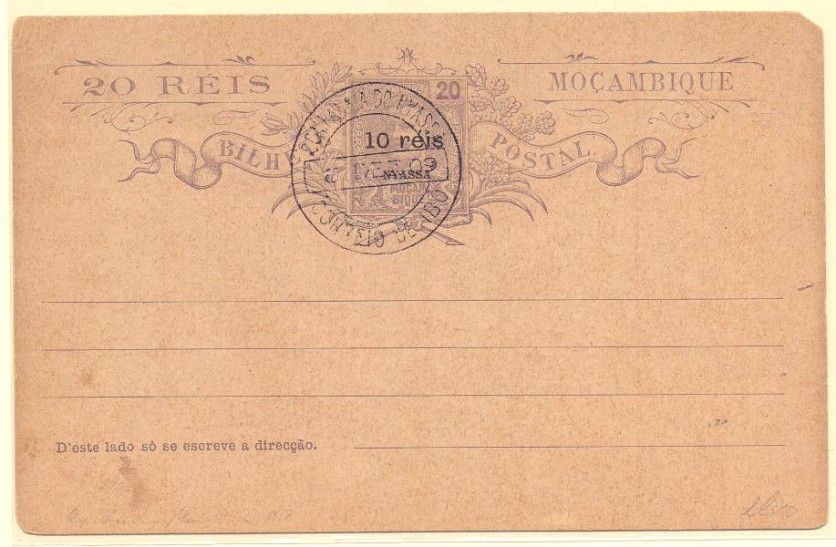 1875.jpg -     Lote:    1875      Lotes pelo Correio      Companhia do Niassa       Descrição:         1909 &mdash; D. Carlos I Mouchon. Inteiros de Moçambique com sobrecarga NYASSA e sobretaxa. OM7, 10 s/ 20 reis reis. Novo, com carimbo de favor do IBO.        IN       Valor Base:     &euro; 5,00     Valor Venda:     &euro; 5,00     