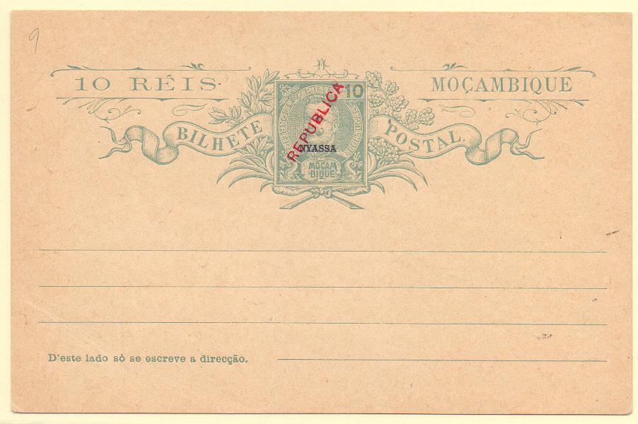 1876.jpg -     Lote:    1876      Lotes pelo Correio      Companhia do Niassa       Descrição:         1912 &mdash; D. Carlos I Mouchon, com sobrecarga REPUBLICA local. Inteiros de Moçambique com sobrecarga NYASSA. OM9, 10 reis. Novo.        IN       Valor Base:     &euro; 6,00     Valor Venda:     Retirado     