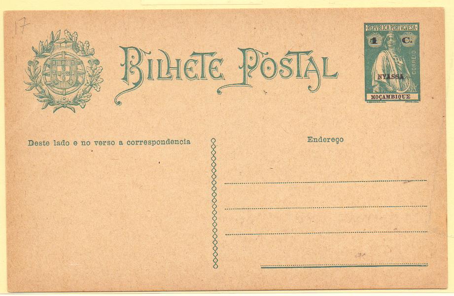1877.jpg -     Lote:    1877      Lotes pelo Correio      Companhia do Niassa       Descrição:         1914 &mdash; Ceres. Inteiros de Moçambique com sobrecarga NYASSA. OM17, 1C. Novo.        IN       Valor Base:     &euro; 6,00     Valor Venda:     Retirado     