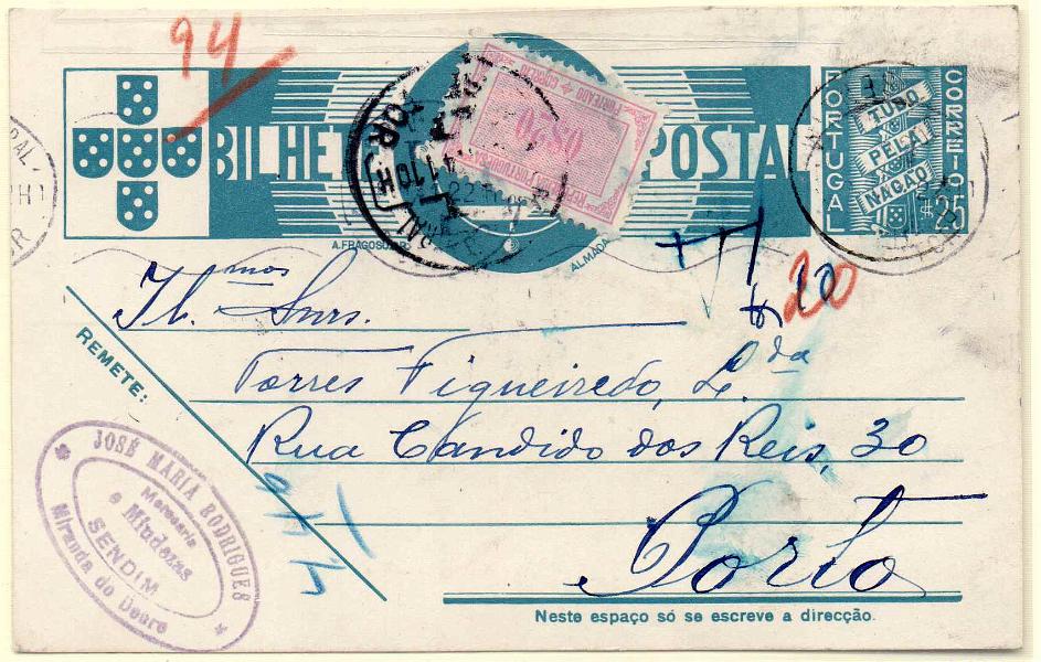 1881.jpg -     Lote:    1881      Lotes pelo Correio             Descrição:         Porteado. 1936/39 &mdash; Tudo pela Nação. OM83, $25 azul. Circulado de Sendim (29.09.41) para o Porto e porteado com selo de 20C CE IP47        IC       Valor Base:     &euro; 10,00     Valor Venda:     Retirado     