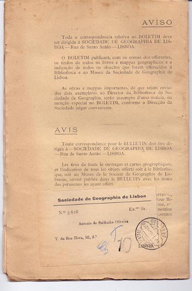 1884.jpg -     Lote:    1884      Lotes pelo Correio             Descrição:         Porteados. Boletim da Sociedade de Geografia de Lisboa, circulado em Lisboa (14.01.03) sem franquia e porteado no dobro do porte em falta em 10 reis batido a preto. MB.        Livro       Valor Base:     &euro; 20,00     Valor Venda:     Retirado     