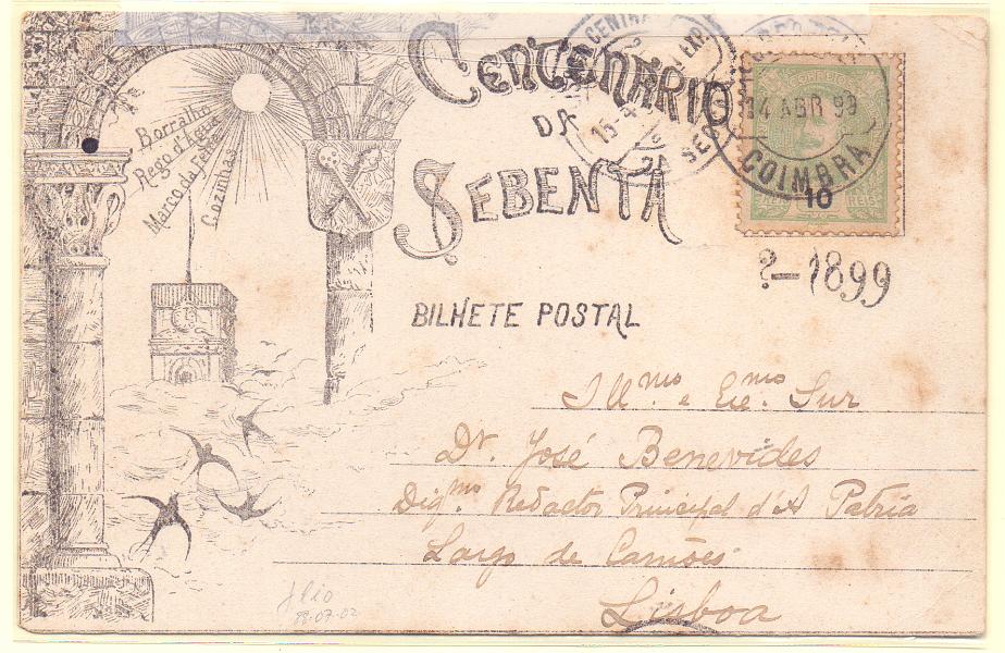 1896.jpg -     Lote:    1896      Lotes pelo Correio             Descrição:         Temática &mdash; Publicidade &mdash; Coimbra, "Centenário da Sebenta", circulado com 10 reis D. Carlos (Abr 99).        PI       Valor Base:     &euro; 10,00     Valor Venda:     &euro; 10,00     