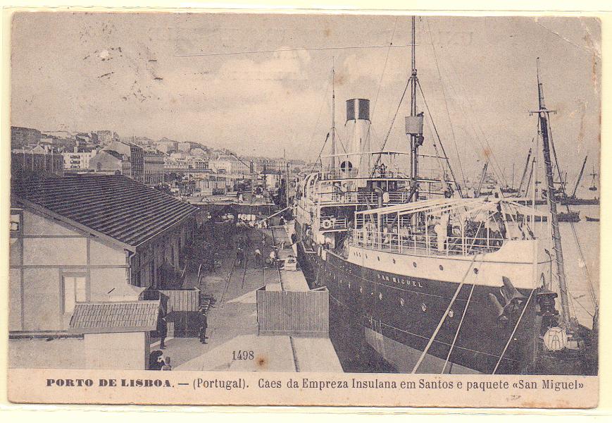 1900.jpg -     Lote:    1900      Lotes pelo Correio             Descrição:         Lisboa &mdash; Porto de Lisboa (Cães da Empreza Insulana em Santos e paquete "San Miguel".         PI       Valor Base:     &euro; 8,00     Valor Venda:     Retirado     