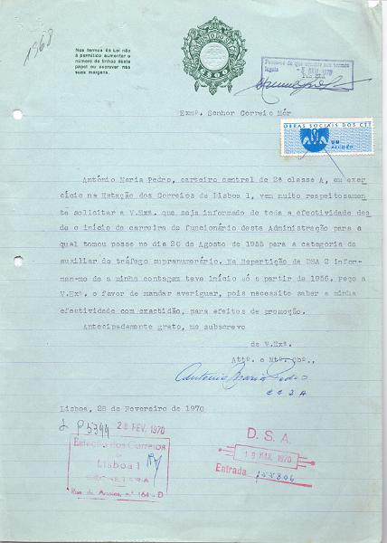 1986.jpg -     Lote:    1986      Lotes pelo Correio             Descrição:         Fiscais. Portugal. Papel selado de 6$00 com estampilha da Obra Social dos CTT.        DOC       Valor Base:     &euro; 5,00     Valor Venda:     Retirado     